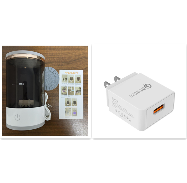 Collage of a humidifier and a power adapter on a white background
