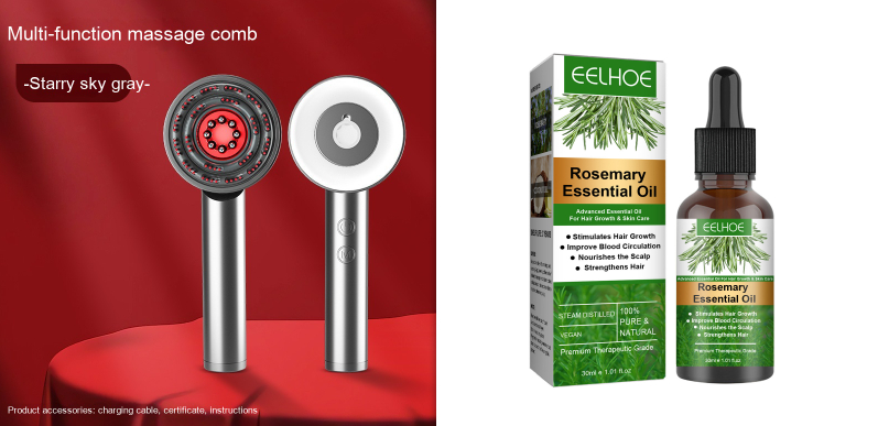 Multi-function massage comb and Eehoe Rosemary Essential Oil on a white background