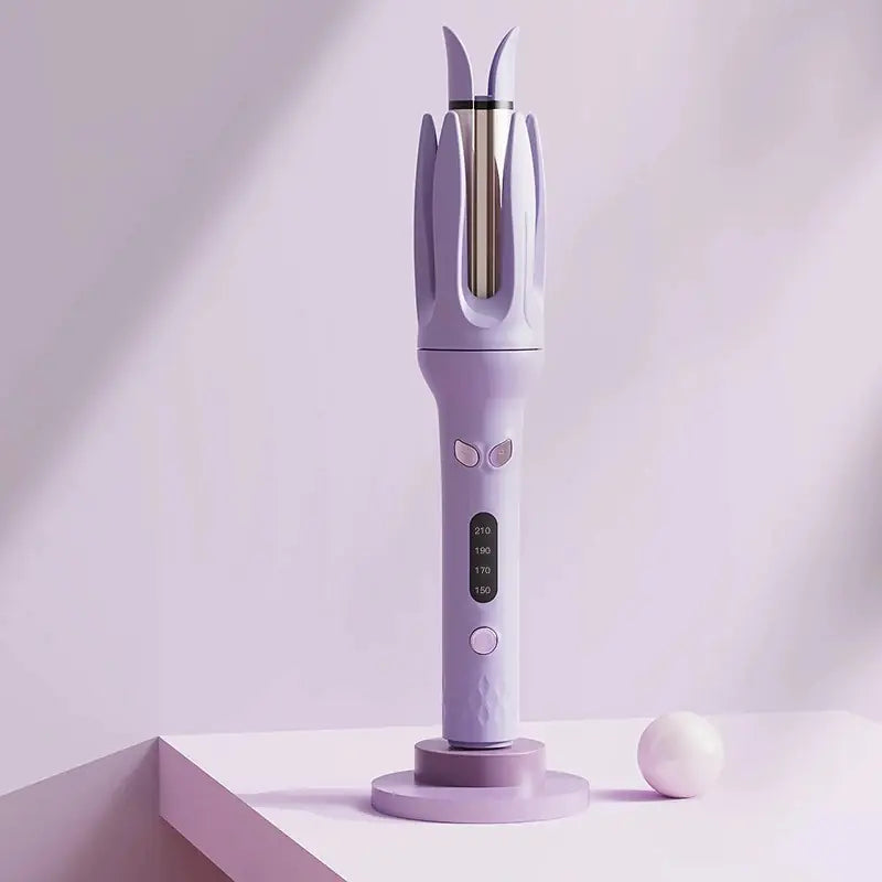 Purple hair straightener on a white surface with a light purple background