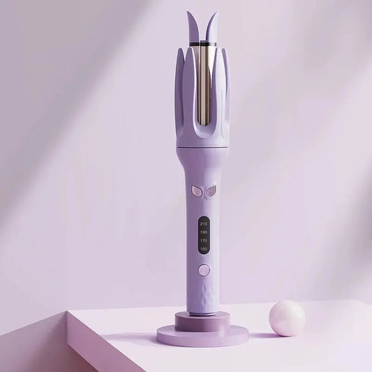 Purple hair straightener on a white surface with a light purple background