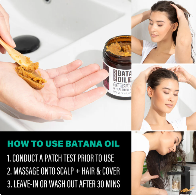 Instructions on how to use Batana Oil with a jar of oil, a woman applying it to her hair, and text detailing the usage steps.