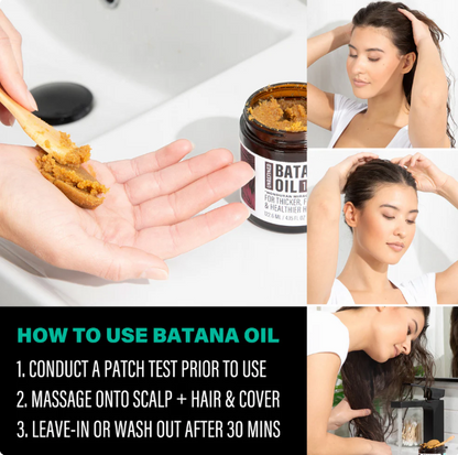 Instructions on how to use Batana Oil with a jar of oil, a woman applying it to her hair, and text detailing the usage steps.