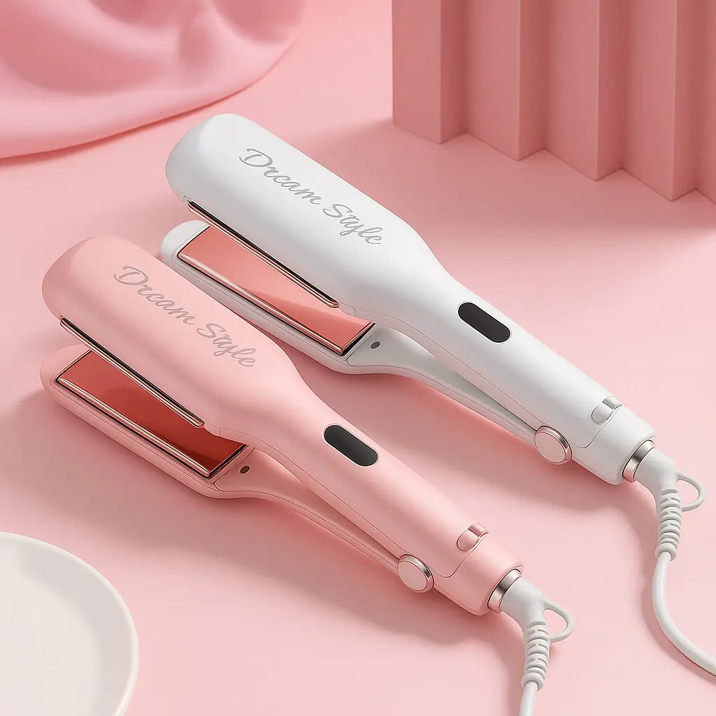 Pink and white hair straightener with 'Dream Style' branding on a pink background