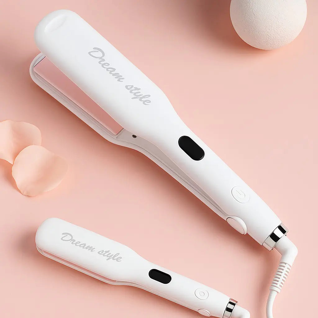 White hair straightener with 'Dream style' branding on a pink background