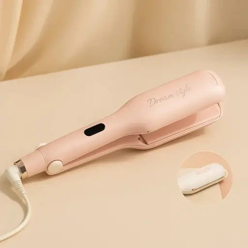 Pink hair straightener with 'Dream Style' branding on a beige background