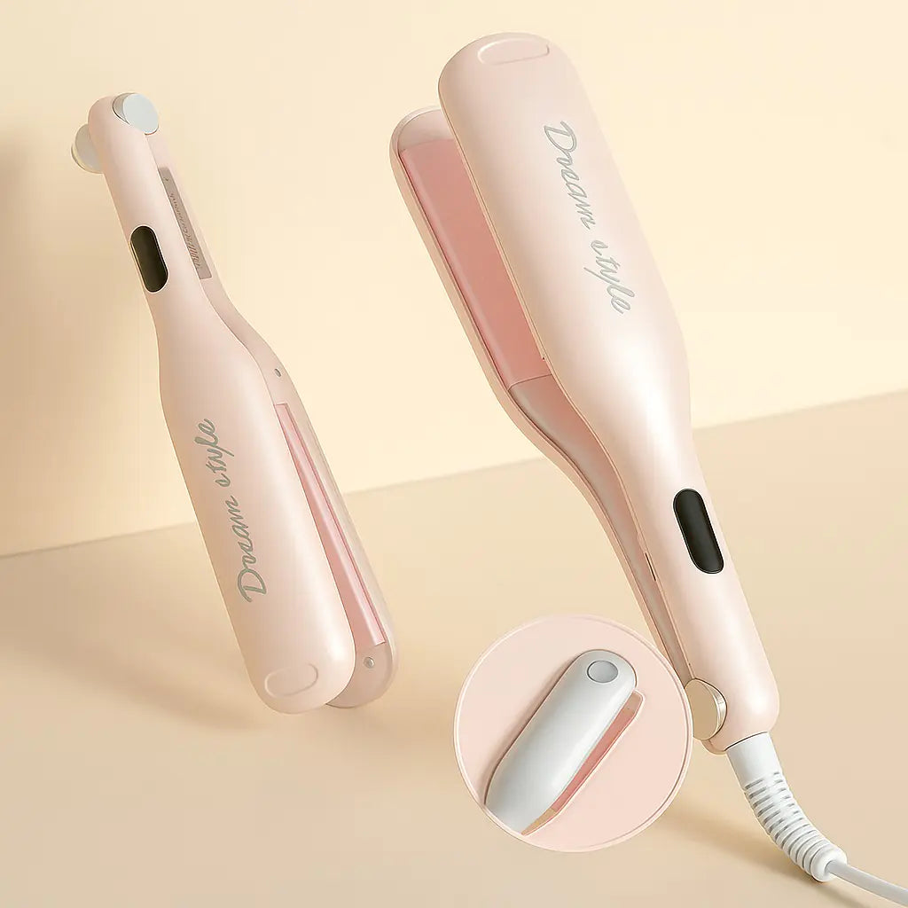 Pink hair straightener with 'Daiwe' branding on a beige background
