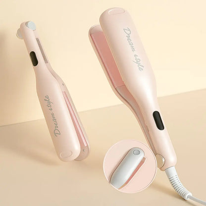 Pink hair straightener with 'Daiwe' branding on a beige background