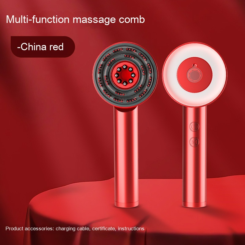 Red multi-function massage comb on a red background with text indicating 'China red'.