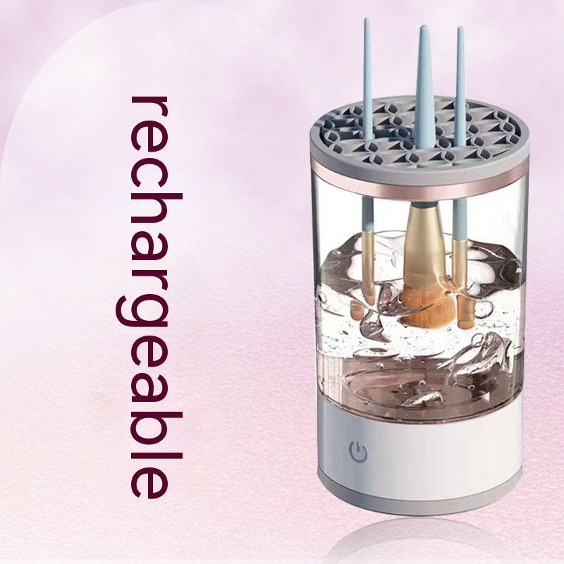 Cosmetic brush holder with 'rechargeable' text on a pink background