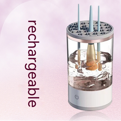 Cosmetic brush holder with 'rechargeable' text on a pink background